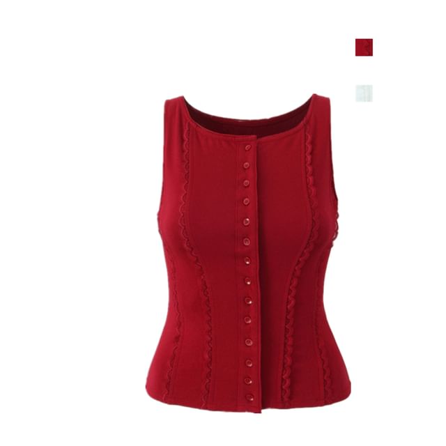 Ulark-Crew Neck Lace Trim Button-Up Plain Crop Tank Top