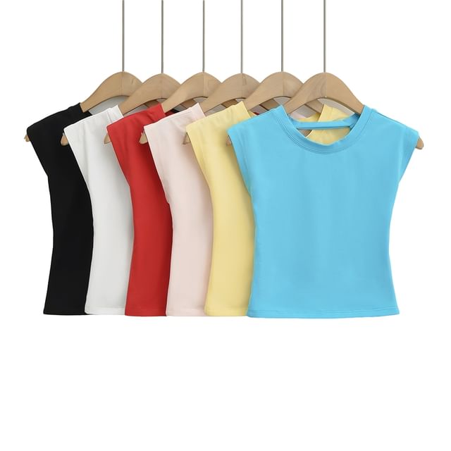 Ulark-Crew Neck Plain Backless Crop Tank Top