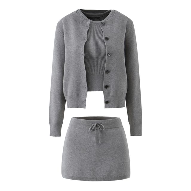 Ulark-Crew Neck Plain Ribbed Tank Top Cardigan Drawstring Waist Mini A-Line Skirt