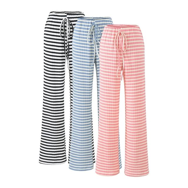 Ulark-Drawstring Waist Breton Stripe Wide Leg Pants