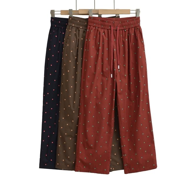 Ulark-Drawstring Waist Dotted Wide Leg Pants