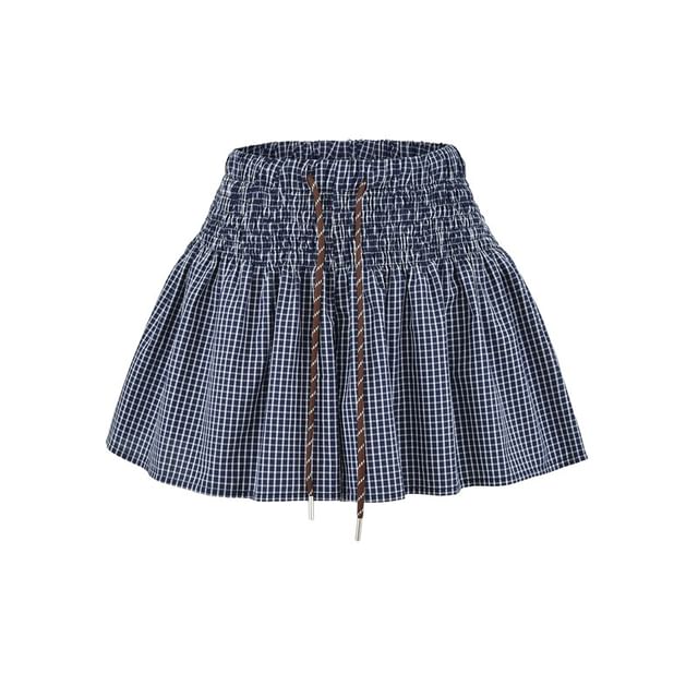 Ulark-Drawstring Waist Plaid Wide Leg Shorts