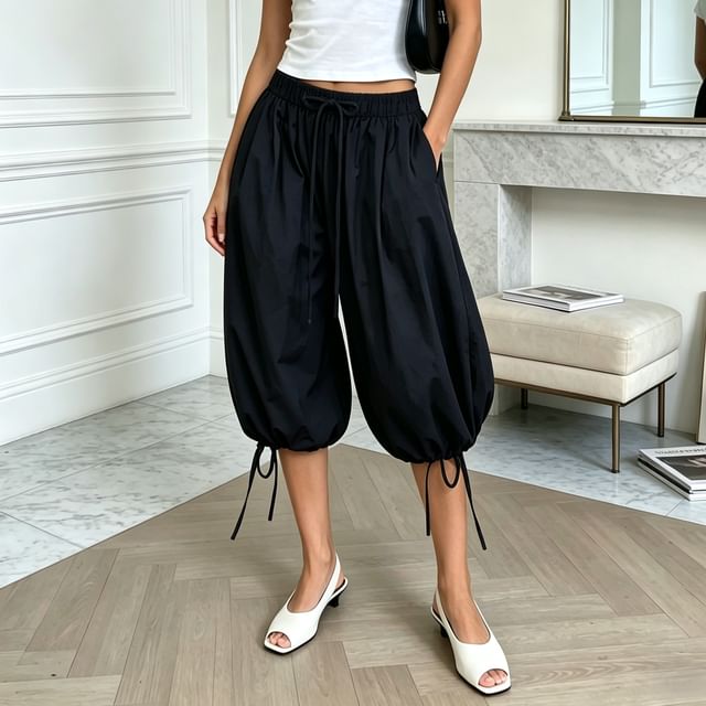 Ulark-Drawstring Waist Plain Capri Harem Pants