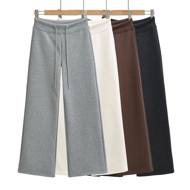 Ulark-Drawstring Waist Plain Fleece-Lined Wide Leg Sweatpants