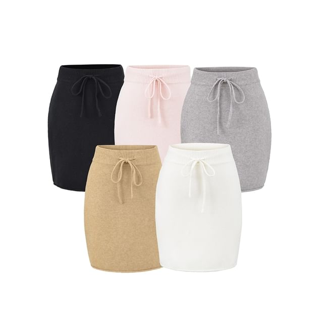 Ulark-Drawstring Waist Plain Knit Mini Pencil Skirt