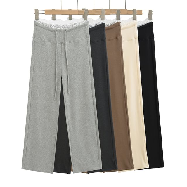 Ulark-Drawstring Waist Plain Lace Trim Wide Leg Pants