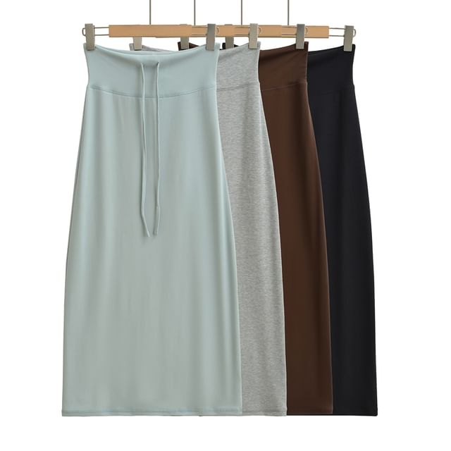 Ulark-Drawstring Waist Plain Midi Pencil Skirt