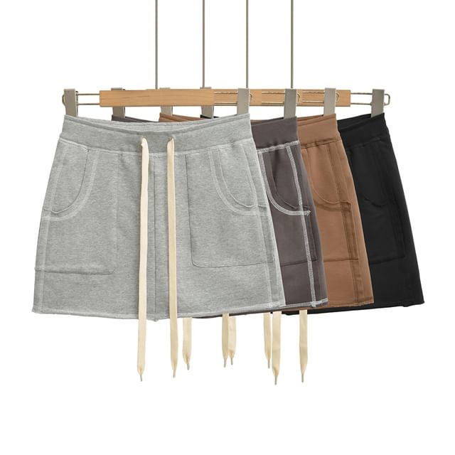 Ulark-Drawstring Waist Plain Mini A-Line Skirt