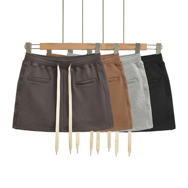 Ulark-Drawstring Waist Plain Mini A-Line Skirt