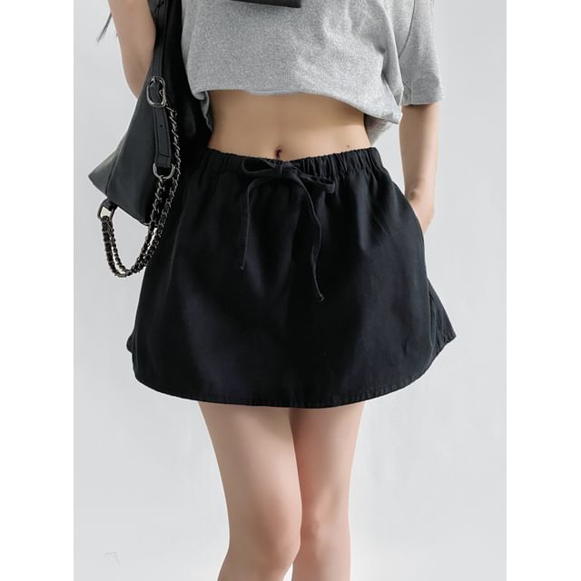 Ulark-Drawstring Waist Plain Mini A-Line Skirt