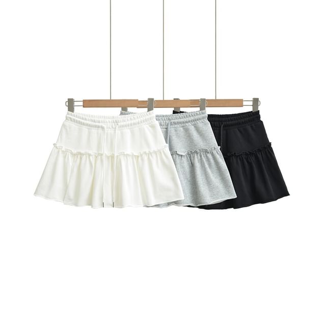 Ulark-Drawstring Waist Plain Ruffle Trim Mini A-Line Skirt