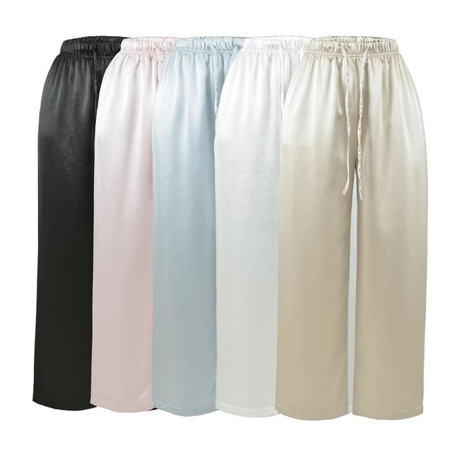 Ulark-Drawstring Waist Plain Satin Wide Leg Pants