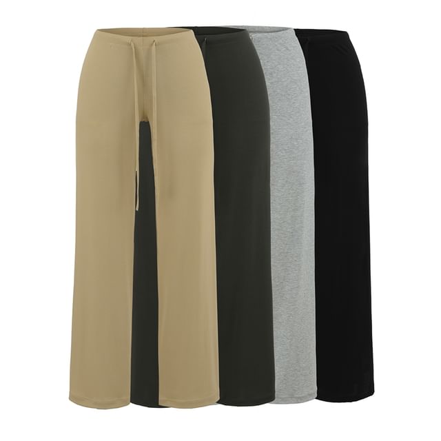 Ulark-Drawstring Waist Plain Straight Leg Pants