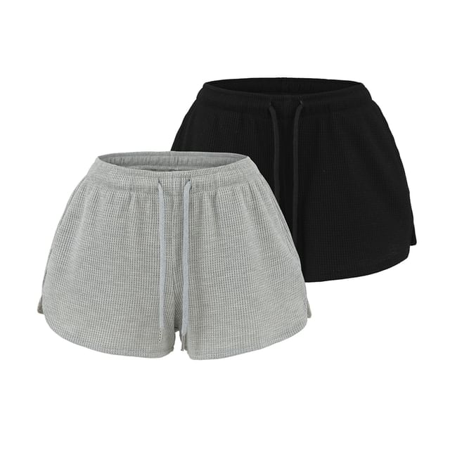 Ulark-Drawstring Waist Plain Waffle Pajama Shorts
