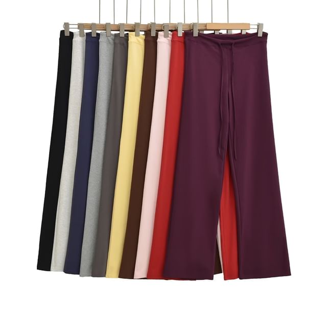 Ulark-Drawstring Waist Plain Wide Leg Pants