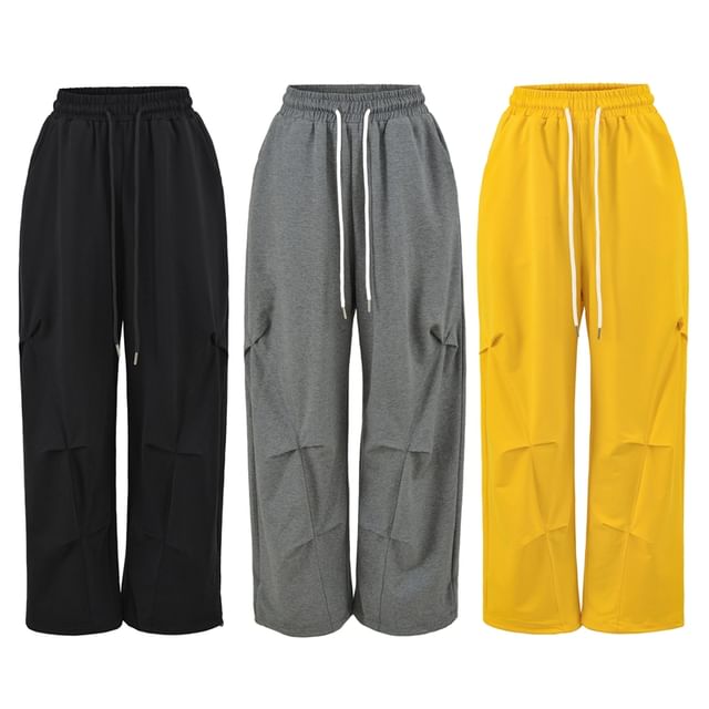 Ulark-Drawstring Waist Plain Wide Leg Pants