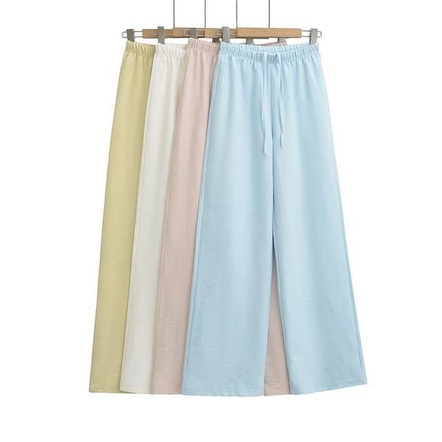 Ulark-Drawstring Waist Plain Wide Leg Pants