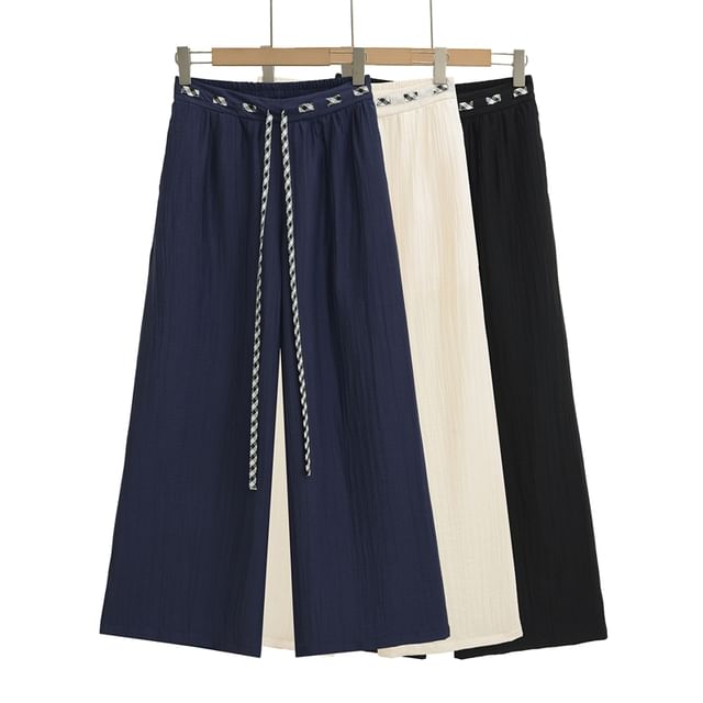Ulark-Drawstring Waist Plain Wide Leg Pants
