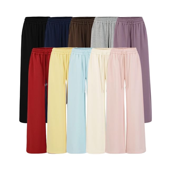 Ulark-Drawstring Waist Plain Wide Leg Sweatpants