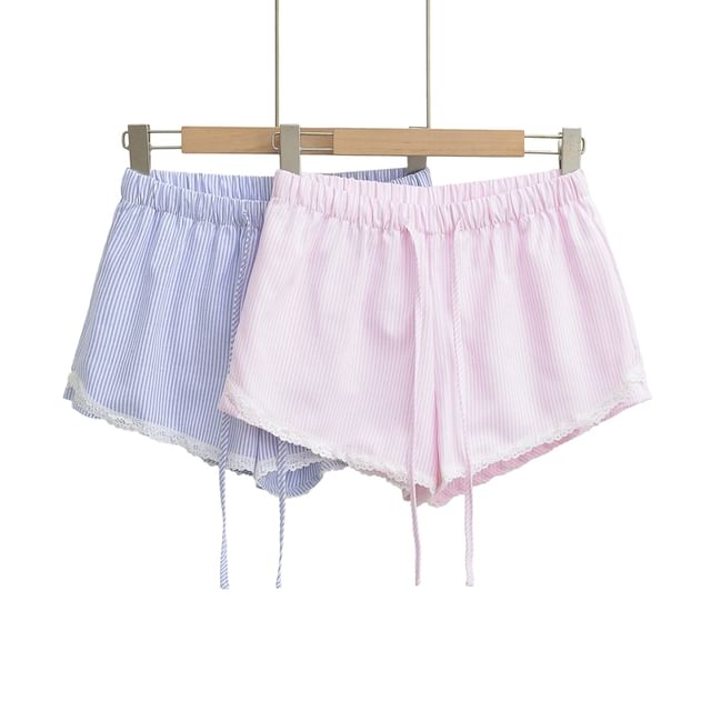 Ulark-Drawstring Waist Striped Lace Trim Shorts