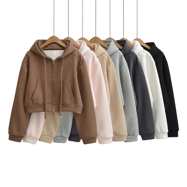 Ulark-Drop Shoulder Plain Crop Zip Hoodie
