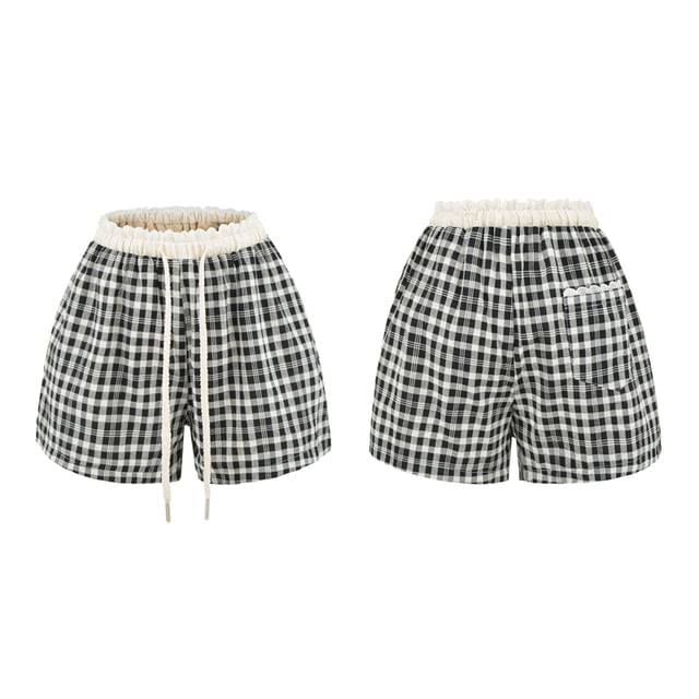 Ulark-Elastic Waist Plaid Panel Shorts