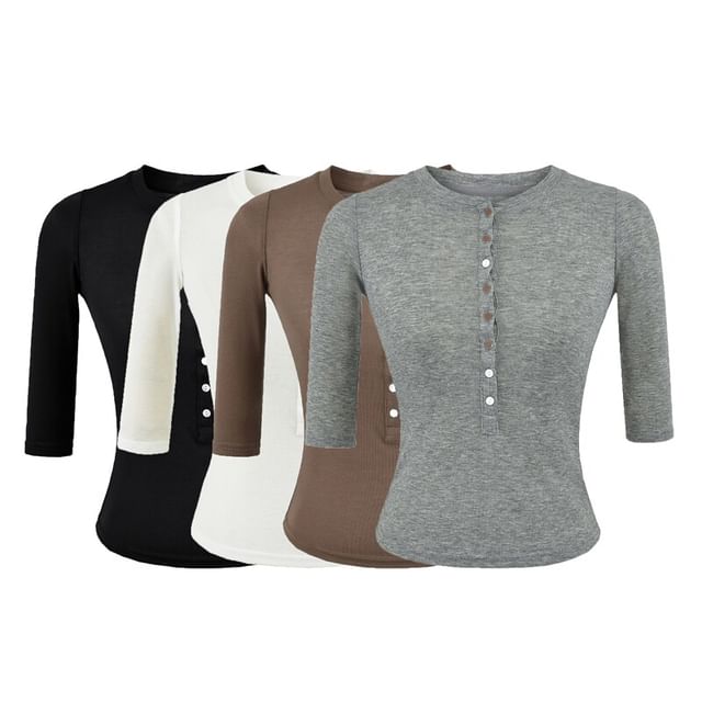 Ulark-Elbow-Sleeve Crew Neck Half-Buttoned Plain Crop T-Shirt
