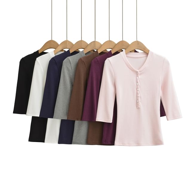 Ulark-Elbow-Sleeve Henley Plain Tee
