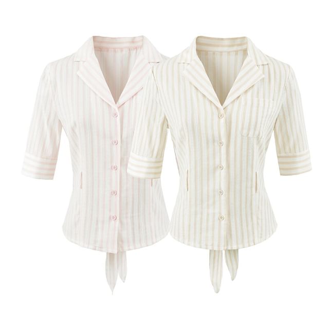 Ulark-Elbow-Sleeve Lapel Collar Striped Button Up Shirt
