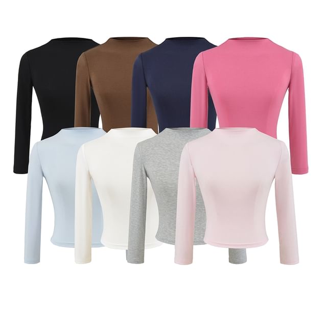 Ulark-Elbow-Sleeve Mock Neck Plain Cropped Tee
