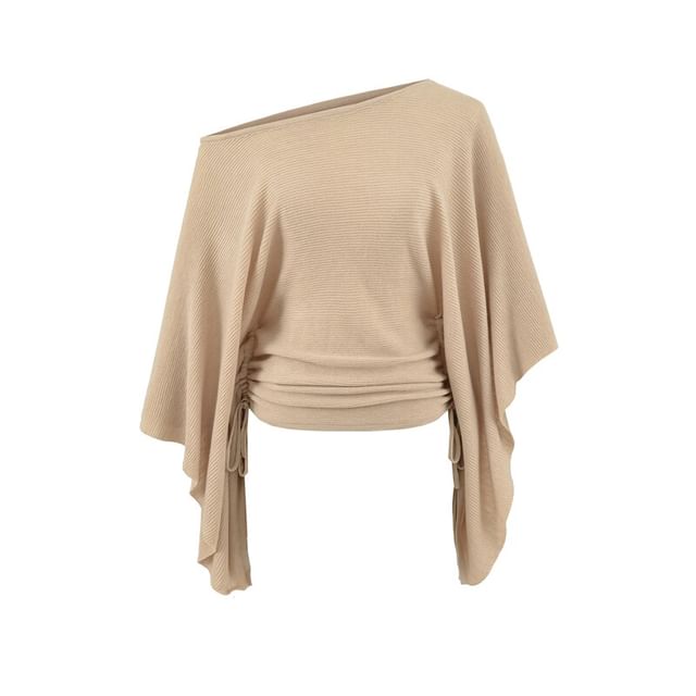 Ulark-Elbow-Sleeve Off Shoulder Plain Drawstring Knit Top