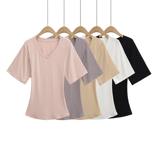 Ulark-Elbow-Sleeve V-Neck Plain T-Shirt
