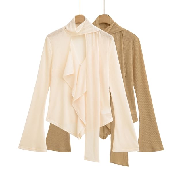 Ulark-Flared-Sleeve Mock Neck Plain Ruffle Asymmetrical Tee
