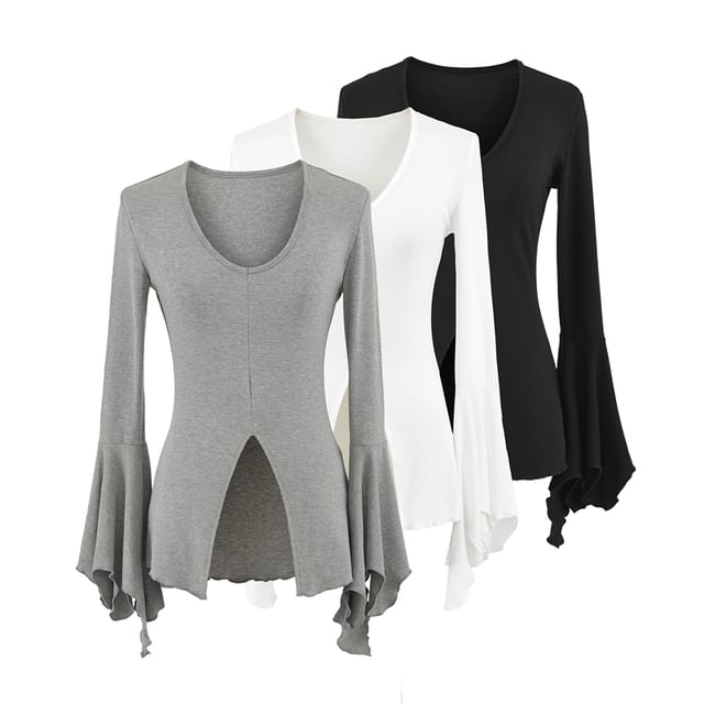 Ulark-Flared-Sleeve Scoop Neck Plain Front-Slit Tee