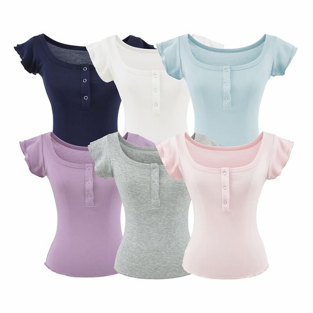 Ulark-Flutter Sleeve Henley Plain T-Shirt