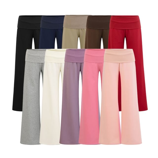 Ulark-Folded Waistline Plain Wide Leg Sweatpants