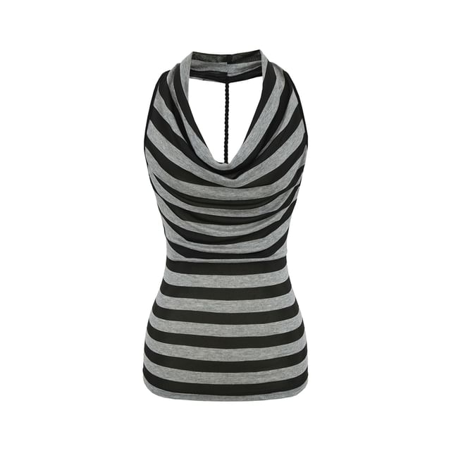 Ulark-Halter Cowl Neck Striped Open Back Slim Fit Top
