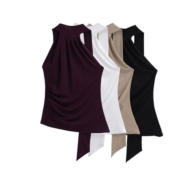 Ulark-Halter Mock Neck Plain Asymmetrical Ruched Top
