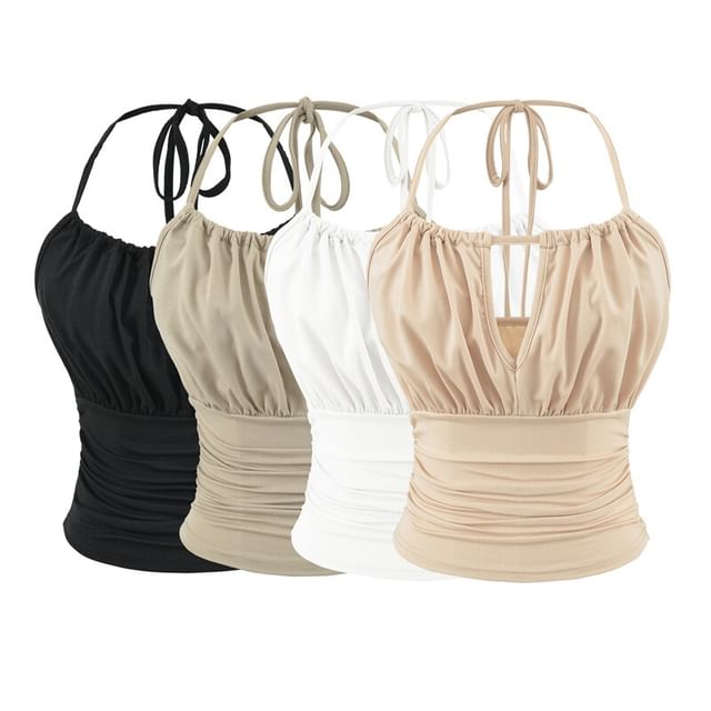 Ulark-Halter Neck Plain Ruched Crop Camisole Top