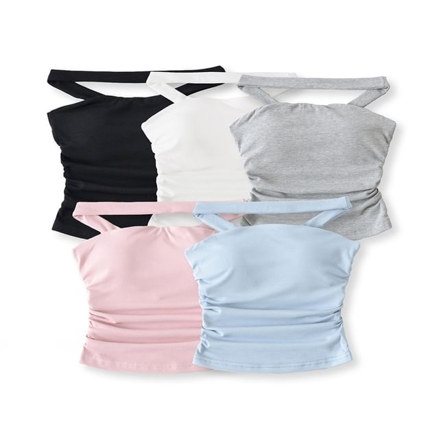 Ulark-Halter Neck Plain Ruched Crop Top