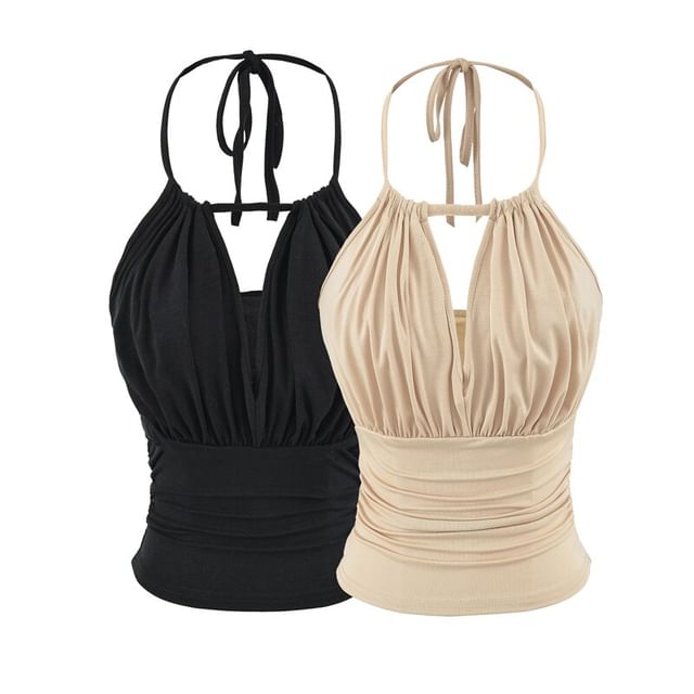 Ulark-Halter Neck Plain Ruched Open Back Crop Top