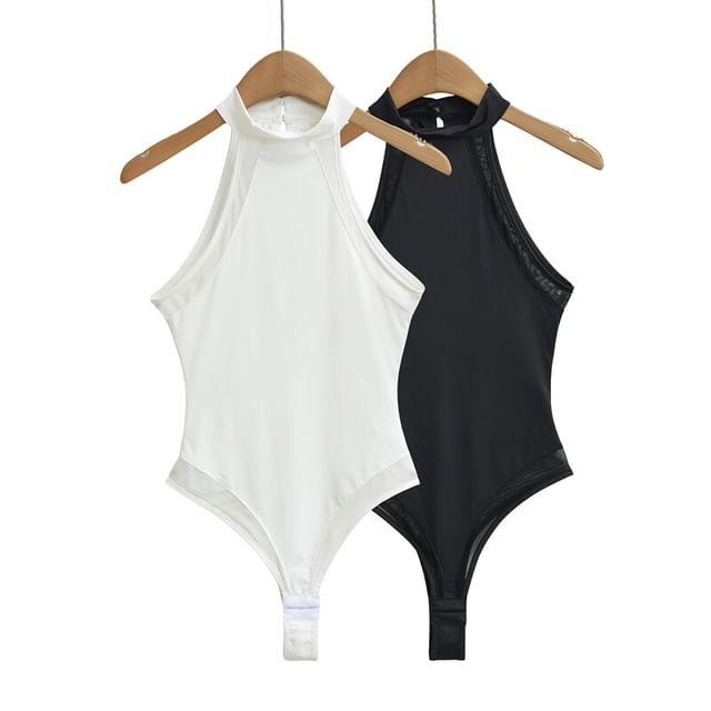 Ulark-Halter Neck Plain Sheer Panel Bodysuit Top