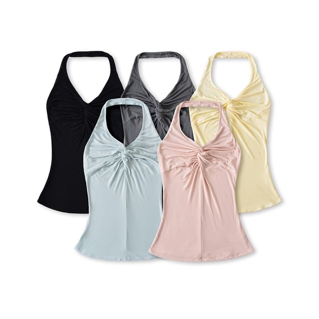 Ulark-Halter Neck Plain Twist Tank Top