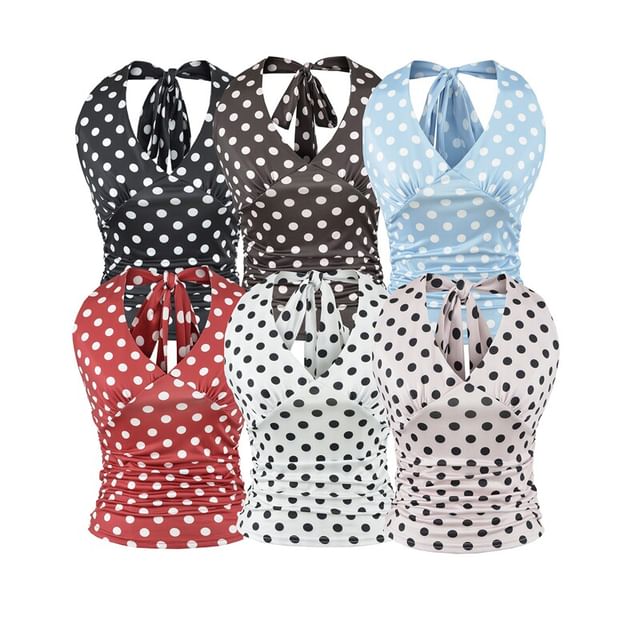 Ulark-Halter Neck Polka Dot Crop Top