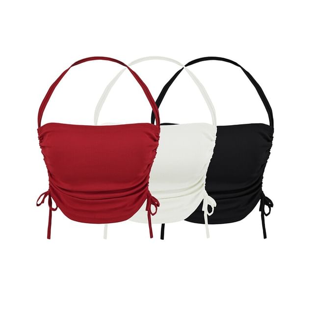 Ulark-Halter Plain Drawstring Padded Cropped Top