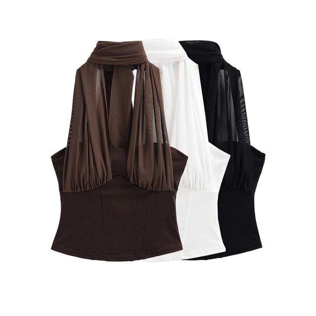 Ulark-Halter Plain Gathered Panel Mesh Top