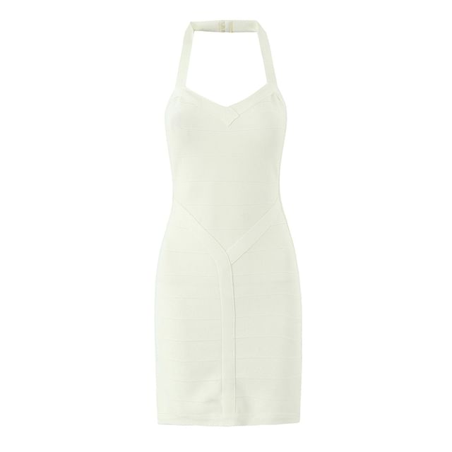 Ulark-Halter Plain Knit Mini Bodycon Dress
