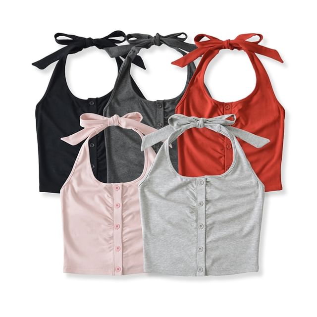 Ulark-Halter Plain Ruched Button Crop Slim Fit Top