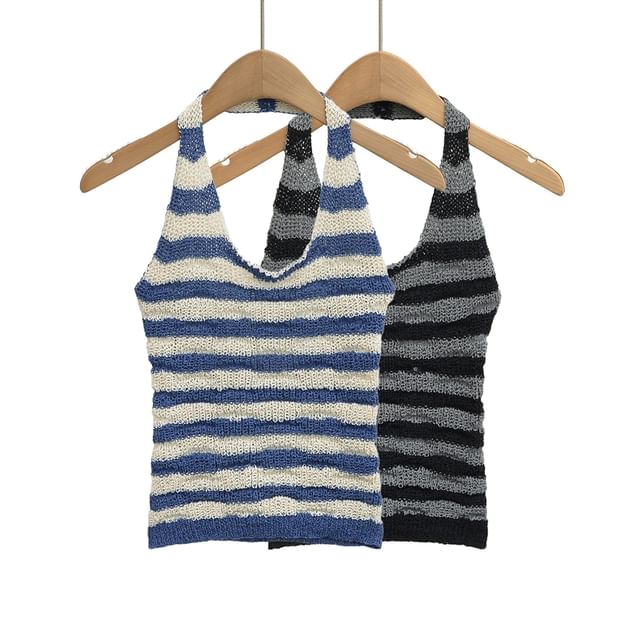 Ulark-Halter Striped Knit Top