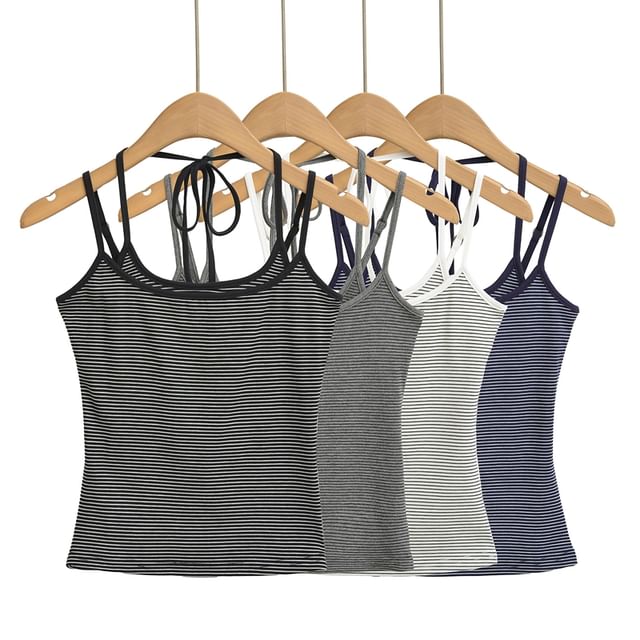 Ulark-Halter Striped Mock Two Piece Cami Top